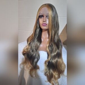 Lace Front Wig - Dark Brown with Honey Blonde Highlights Human Hair  Blend Wig.